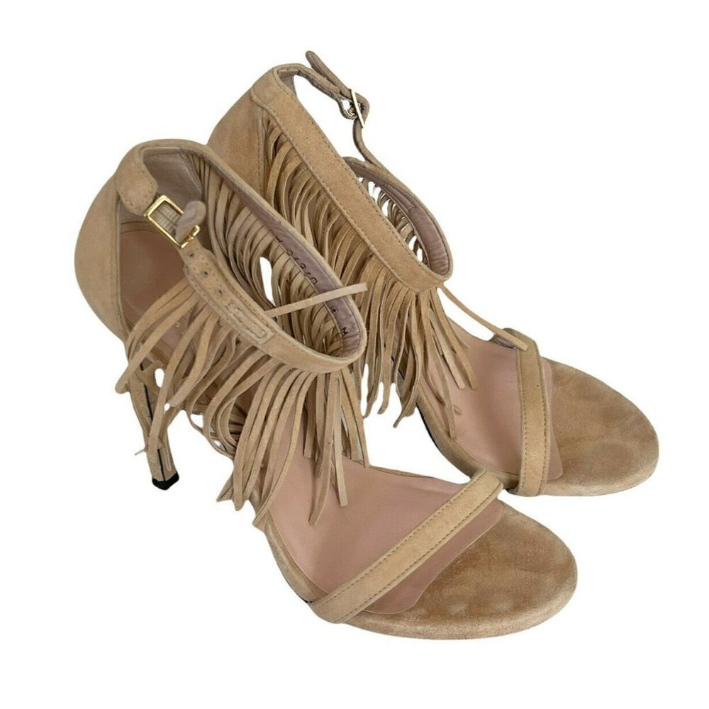 Stuart Weitzman Love Fringe Bisque Cream Suede High Heel Sandals Women's Sz 8